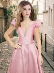 Classical Deep V Neckline Satin Prom Dress with Cap Sleeves