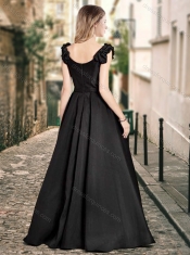 Classical Deep V Neckline Satin Prom Dress with Cap Sleeves