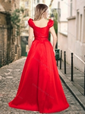 Classical Deep V Neckline Satin Prom Dress with Cap Sleeves