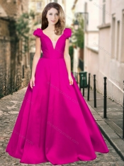 Classical Deep V Neckline Satin Prom Dress with Cap Sleeves
