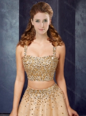 Classical Two Piece Straps Beaded Bodice Square Prom Dress in Tulle