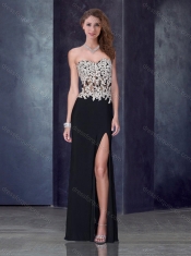 Column Black Prom Dress with High Slit and Appliques