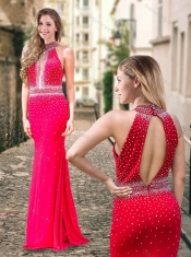 Column High Neck Backless Beaded Coral Red Prom Dress Column High Neck Backless Beaded Coral Red Prom Dress