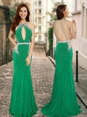 Column High Neck Backless Green Prom Dress with Beading
