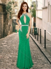 Column High Neck Backless Green Prom Dress with Beading