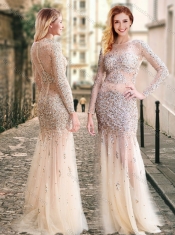 Column High Neck Beaded Champagne Prom Dress with Long Sleeves