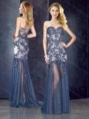 Column Navy Blue Prom Dress with Appliques and Beading
