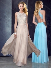 Elegant Scoop Criss Cross Applique Prom Dress in Champagne