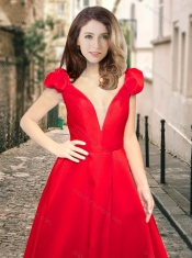 Exclusive Cap Sleeves Satin Dama Dress with Deep V Neckline