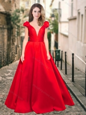 Exclusive Cap Sleeves Satin Dama Dress with Deep V Neckline