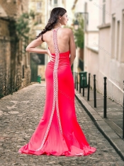 Exclusive High Neck Coral Red Prom Dress with Brush Train