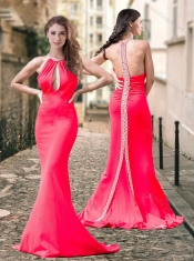 Exclusive High Neck Coral Red Prom Dress with Brush Train