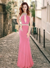 High Neck Beaded Backless Pink Prom Dress with Brush Train