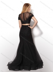 Hot Sale Two Piece Scoop Black Prom Dress with Short Sleeves