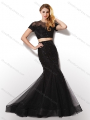 Hot Sale Two Piece Scoop Black Prom Dress with Short Sleeves
