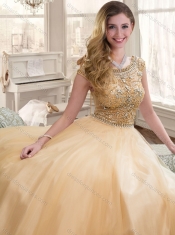 Lovely A Line Beaded Bodice Scoop Dama Dress in Champagne