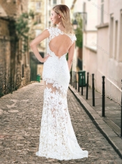 Luxurious Column Open Back Brush Train Laced Prom Dress in Silver