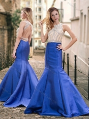 Mermaid Backless Beaded Royal Blue Prom Dress with Brush Train