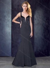 Mermaid Straps Satin Black Prom Dress with See Through Back