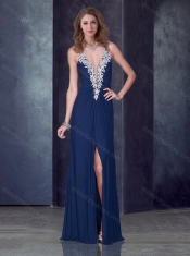 Navy Blue Halter Top Dama Dress with High Slit and Appliques
