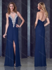 Navy Blue Halter Top Dama Dress with High Slit and Appliques