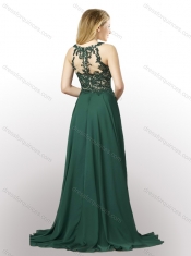New Style Empire Chiffon Laced and High Slit Dama Dress in Dark Green