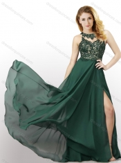 New Style Empire Chiffon Laced and High Slit Dama Dress in Dark Green