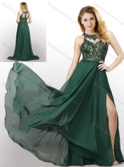 New Style Empire Chiffon Laced and High Slit Dama Dress in Dark Green