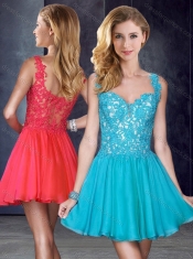 New Style Straps Short Teal Prom Dress with Appliques