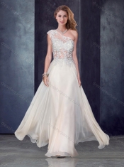 One Shoulder Applique Champagne Prom Dress with See Through Back
