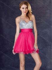 Popular A Line V Neck Backless Short Prom Dress with Sequins
