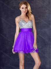 Popular A Line V Neck Backless Short Prom Dress with Sequins