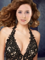 Popular Halter Top Backless Laced Dama Dress in Coral Red and Black