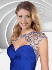 Popular See Through Beaded and Ruched Blue Short Prom Dress with Open Back