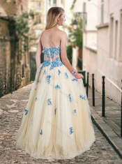 Pretty Visible Boning Tulle Champagne Prom Dress with Blue Appliques
