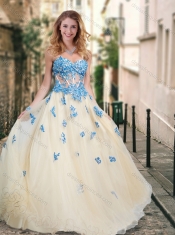Pretty Visible Boning Tulle Champagne Prom Dress with Blue Appliques