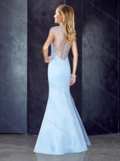 See Through Back Beaded Light Blue Dama Dress with Cap Sleeves