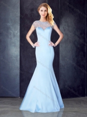 See Through Back Beaded Light Blue Dama Dress with Cap Sleeves
