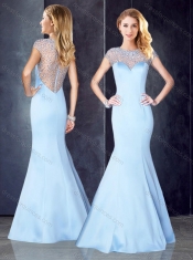 See Through Back Beaded Light Blue Dama Dress with Cap Sleeves