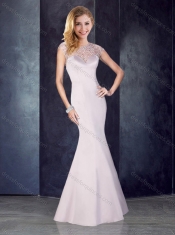 See Through Back Beaded Mermaid Champagne Prom Dress in Satin
