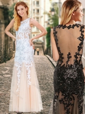 See Through Back Scoop Champagne Prom Dress with Appliques