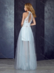 Short Inside Long Outside High Neck Light Blue Prom Dress with Appliques and Beading