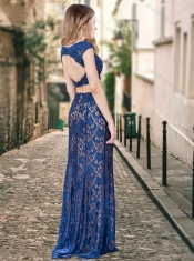 Two Piece Bateau Backless Royal Blue Prom Dress in Lace