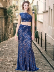Two Piece Bateau Backless Royal Blue Prom Dress in Lace