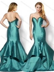 Wonderful Brush Train Mermaid Taffeta Beaded Top Prom Dress in Teal
