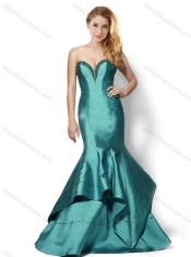 Wonderful Brush Train Mermaid Taffeta Beaded Top Prom Dress in Teal