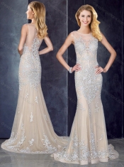 Bateau Applique Champagne Prom Dress with Brush Train