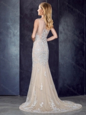 Bateau Applique Champagne Prom Dress with Brush Train