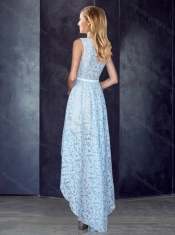 Bateau High Low Light Blue Prom Dress in Lace
