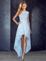 Bateau High Low Light Blue Prom Dress in Lace